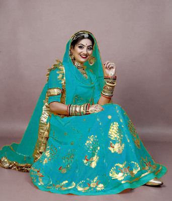 Anjani Textile Embroidered Semi Stitched Rajasthani Poshak(Light Blue)