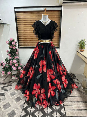 HOUSE OF COMMON Polka Print Stitched Lehenga & Crop Top(Black)