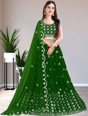 Women Wed Embroidered Semi Stitched Lehenga Choli(Green)