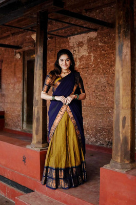 R K INFINITIVE Embroidered Semi Stitched Lehenga Choli(Gold, Dark Blue)