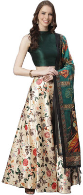 kaizen texo fab Printed Semi Stitched Lehenga Choli(Beige, Green)