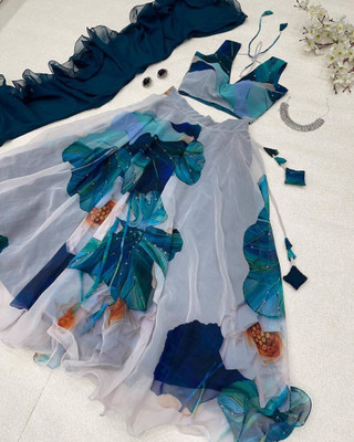 LIPS CROWN Digital Print Semi Stitched Lehenga & Crop Top(Blue)