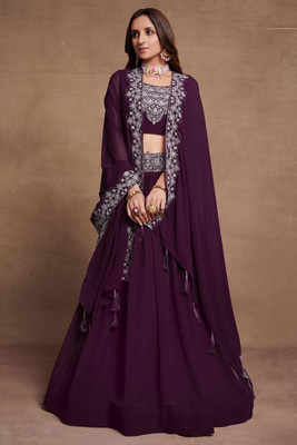 Neel Art Solid Semi Stitched Lehenga Choli(Purple)