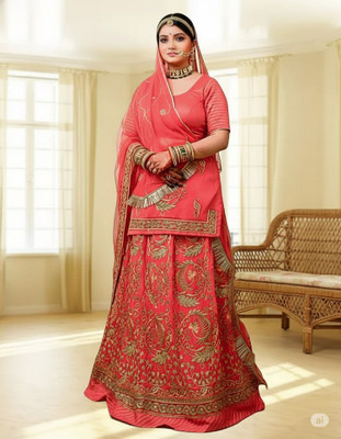 Bhawani Collection Embroidered Semi Stitched Rajasthani Poshak(Pink)
