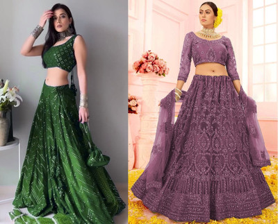 Reelove Factory Embroidered Semi Stitched Lehenga Choli(Green, Purple)