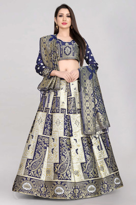 Fabcartz Self Design Semi Stitched Lehenga Choli(White, Dark Blue)
