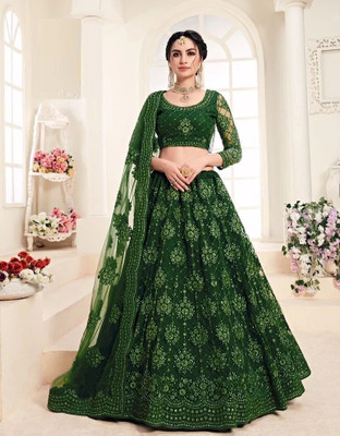 ZAALIMA FASHION Embroidered Semi Stitched Lehenga Choli(Dark Green)