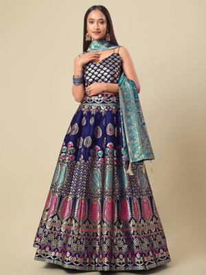 PURVAJA Embellished Semi Stitched Lehenga Choli(Dark Blue)