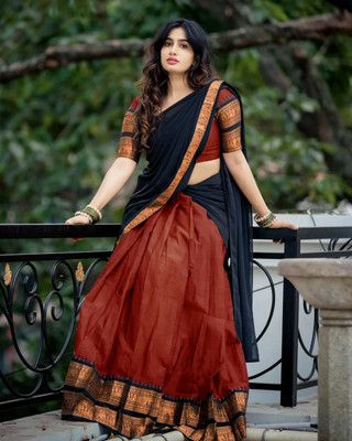 manmohitsaree Solid Semi Stitched Lehenga Choli(Red, Black)