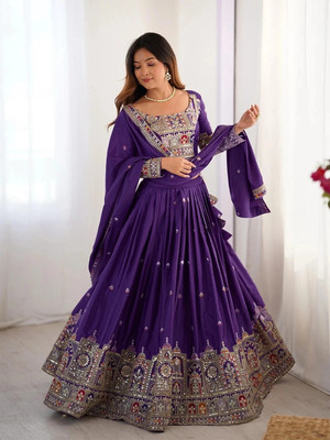 HOUSE OF COMMON Embroidered Semi Stitched Lehenga Choli(Purple)