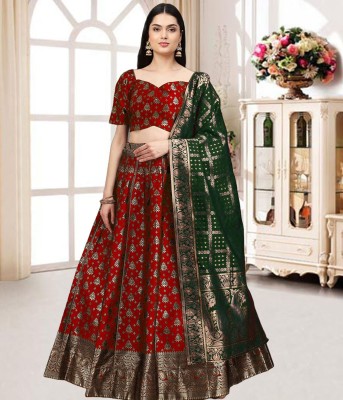 Trijal Fab Self Design Semi Stitched Lehenga Choli(Green)