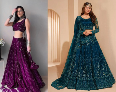 Udbhav Export Embroidered, Embellished Semi Stitched Lehenga Choli(Purple, Light Blue)