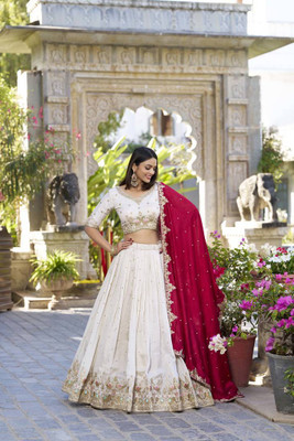 Ethnicset Embroidered Semi Stitched Lehenga Choli(White)