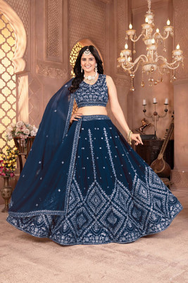 Om Creation Embroidered Semi Stitched Lehenga Choli(Light Blue)