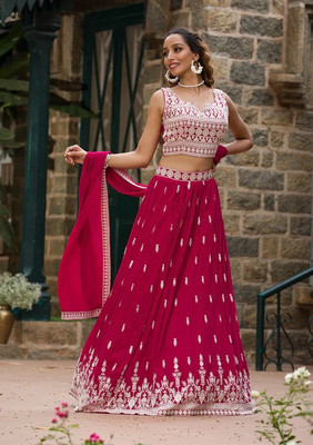 Kedar Fab Embroidered Semi Stitched Lehenga Choli(Pink)