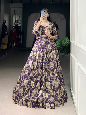 LookNbook art Floral Print Stitched Lehenga with Jacket(Purple)