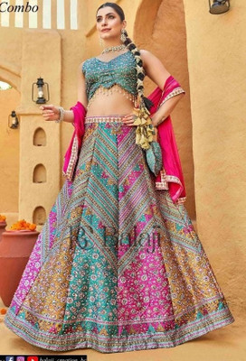 mewarmehal Floral Print Stitched Lehenga Choli(Green)