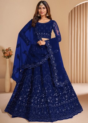 PATDOM Embroidered Semi Stitched Lehenga Choli(Blue)