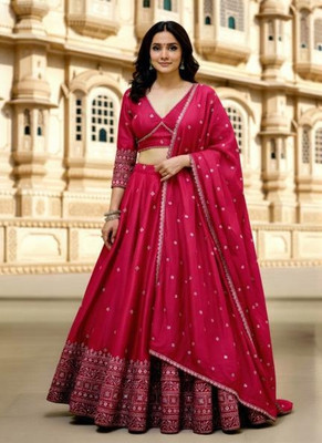 PMD Fashion Embroidered Semi Stitched Lehenga Choli(Pink)