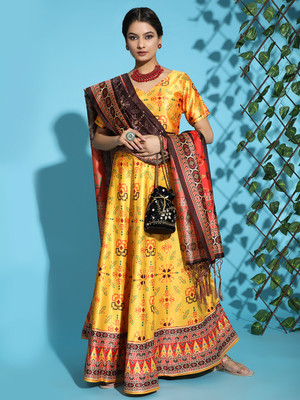 kaizen International Printed Semi Stitched Lehenga Choli(Yellow)