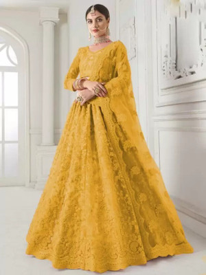 nv patel Embroidered Semi Stitched Lehenga Choli(Yellow)