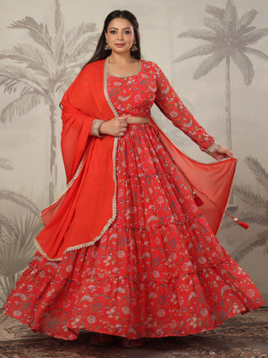 Janasya Floral Print Stitched Lehenga Choli(Red)