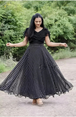 Rivaashafashion Polka Print Stitched Lehenga & Crop Top(Black)