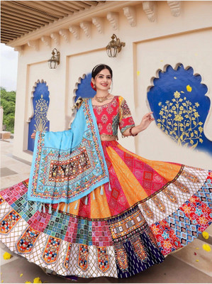 Shubh-Viyan Textiles Bandhani, Printed, Digital Print Semi Stitched Lehenga Choli(Multicolor)