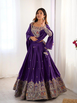 Zaavika Embroidered Semi Stitched Lehenga Choli(Purple)