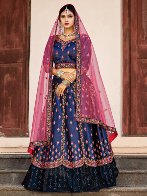 odette Embroidered Semi Stitched Lehenga Choli(Dark Blue)