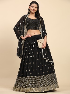 EMBRO VISION Embroidered Semi Stitched Lehenga Choli(Black)