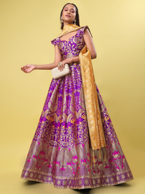 PURVAJA Floral Print Semi Stitched Lehenga Choli(Purple)