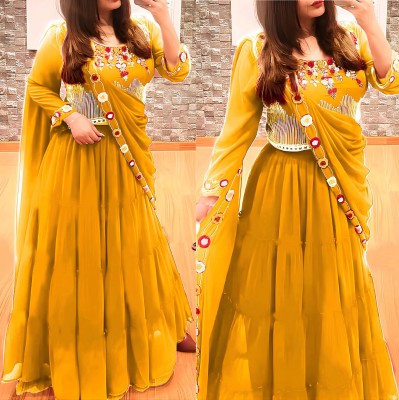 New Pooja Embellished Semi Stitched Lehenga Choli(Yellow)