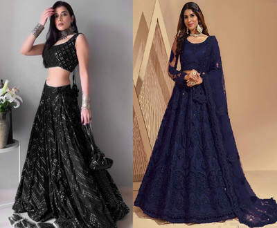 Reelove Factory Embroidered Semi Stitched Lehenga Choli(Black, Blue)