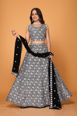 Dwarkesh enterprise Embroidered Semi Stitched Lehenga Choli(Black)