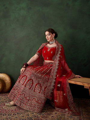 Sangria Embroidered Semi Stitched Lehenga Choli(Red)