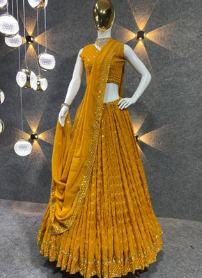 BronezoMart Embellished Semi Stitched Lehenga Choli(Yellow)
