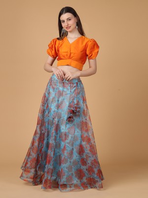 Frolic Rolic Floral Print Stitched Lehenga & Crop Top(Blue, Orange)