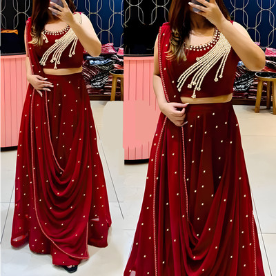 BHOJALCREATION Embroidered Semi Stitched Lehenga & Crop Top(Maroon)