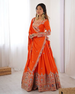 TILKI FASHION Embroidered Semi Stitched Lehenga Choli(Orange)