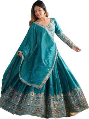 AHJANANDTEX Embroidered Semi Stitched Lehenga Choli(Light Blue)