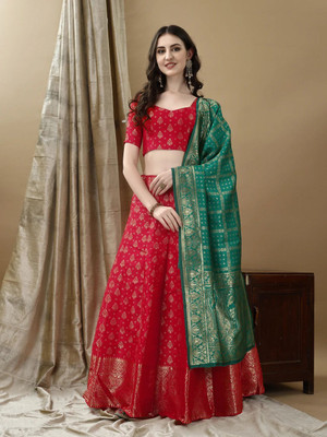 SWAMI STUDIO Self Design Semi Stitched Lehenga Choli(Red, Green)