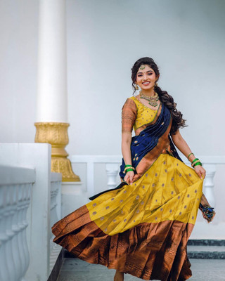 HOUSE OF COMMON Printed Semi Stitched Lehenga Choli(Gold, Dark Blue)