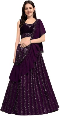 Ethnic Yard Embroidered Semi Stitched Lehenga Choli(Purple)