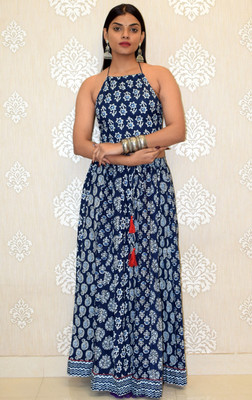 JAIPUR HAND BLOCK Floral Print Stitched Lehenga Choli(Dark Blue)