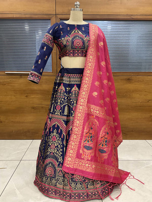 Fabcartz Self Design Semi Stitched Lehenga Choli(Dark Blue, Pink)