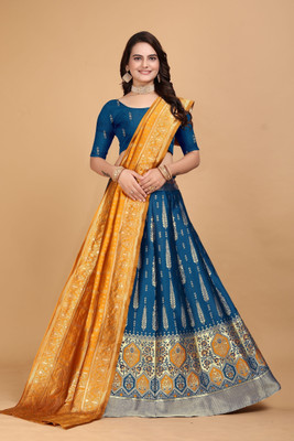 SWAMI STUDIO Self Design Semi Stitched Lehenga Choli(Light Blue, Gold)