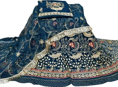 Bhawani Collection Embroidered Semi Stitched Rajasthani Poshak(Blue)