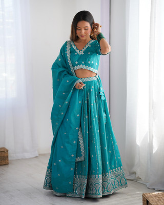 Divastri Embroidered Semi Stitched Lehenga Choli(Blue)