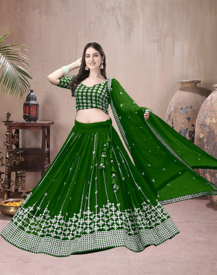 F Plus fashion Embroidered Semi Stitched Lehenga Choli(Green)